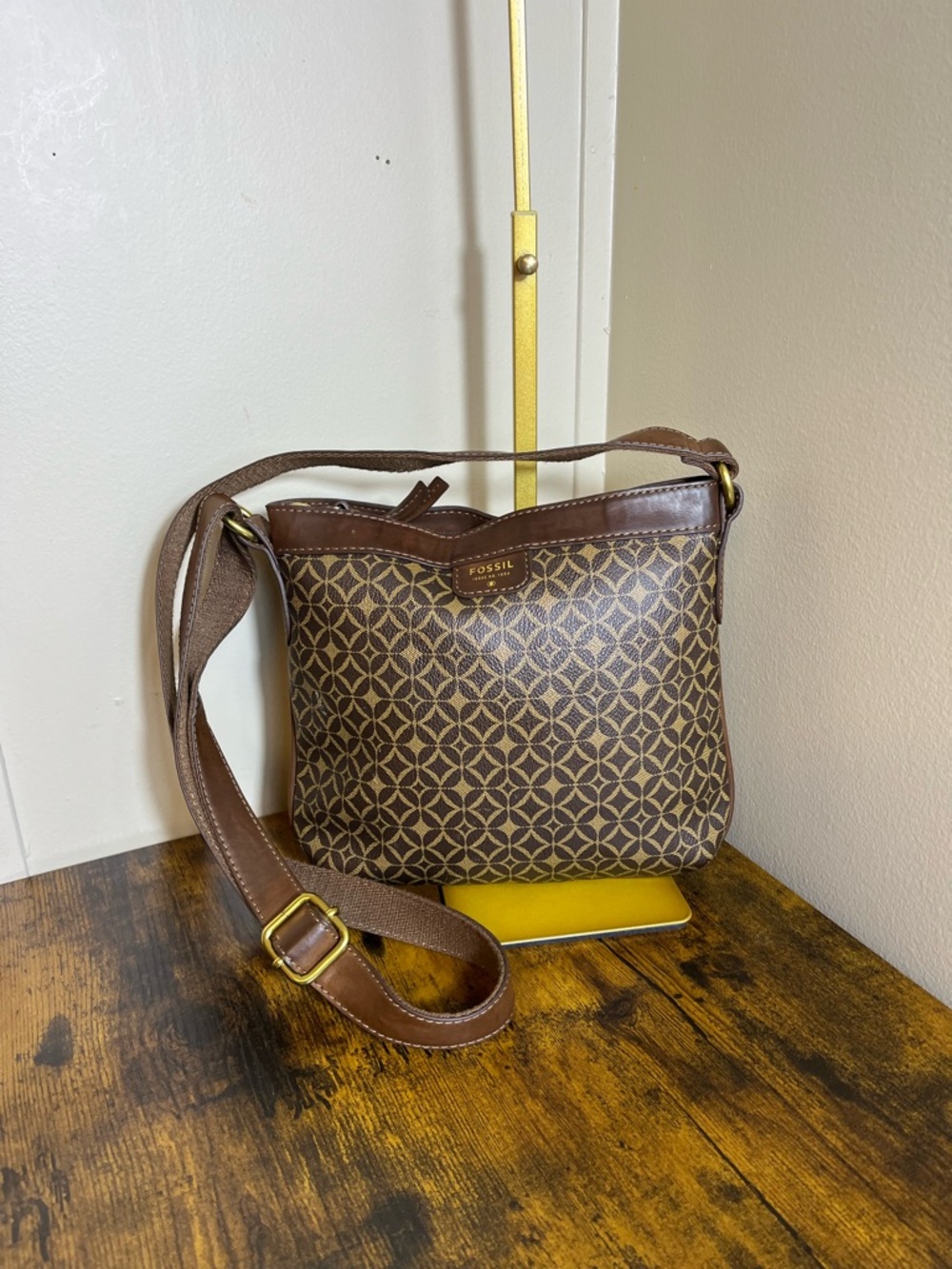 Fossil Brown Patterned Crossbody with Gold Hardware